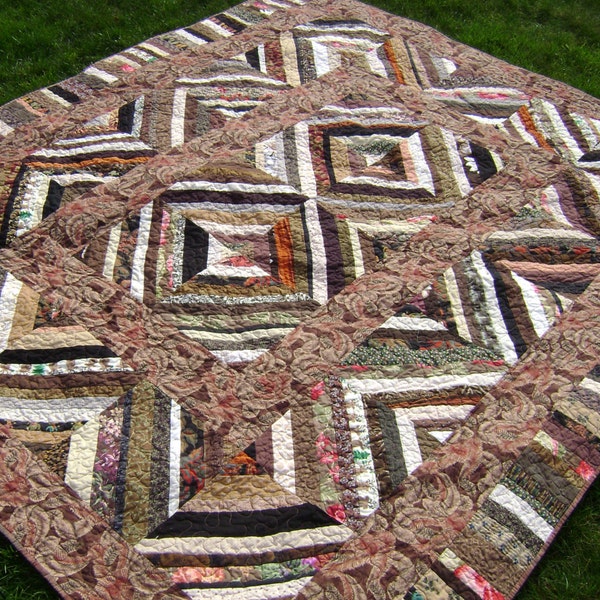 Queen Bed String Quilt - Handmade Scrap Quilt in Shades of Browns, Blacks, Creams, Rusts and Tans