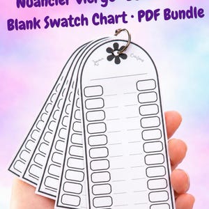 Peut inclure: Un ensemble de nuanciers vierges reliés par un anneau métallique. Chaque nuancier blanc a un sommet arrondi et une série de cases rectangulaires pour les échantillons de couleurs. Le texte "Nuancier vierge - Bundle PDF Blank Swatch Chart - PDF Bundle" est visible.