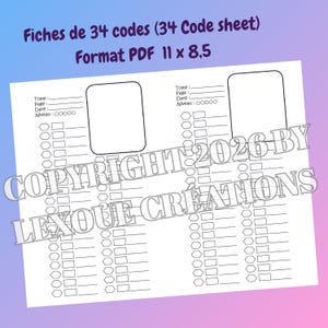 May include: A digital PDF code sheet featuring two columns of 34 blank lines with hexagonal and rectangular checkboxes. The header text reads Fiches de 34 codes (34 Code sheet) Format PDF 11 x 8.5. Each section includes fields for Tome, Page, Date, and Niveau.