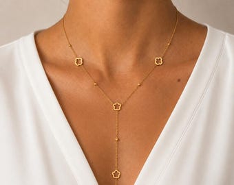Minimalistische bloemen Y-halsketting voor dames, roestvrijstalen lariat-halsketting, elegant en chique sieraad, trendy cadeau voor vrouwen