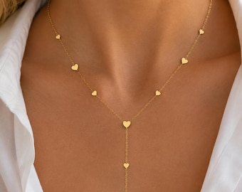 Women's Gold Hearts Necklace - Minimalist Y-Shaped Gold Stainless Steel Necklace, Elegant Lariat Necklace, Romantic Gift for Women