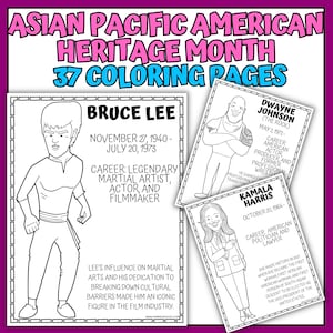 Könnte beinhalten: Ein Set von 37 Ausmalbildern für den Asian Pacific American Heritage Month. Die Seiten zeigen Strichzeichnungen von Bruce Lee, Dwayne Johnson und Kamala Harris mit biografischen Informationen.