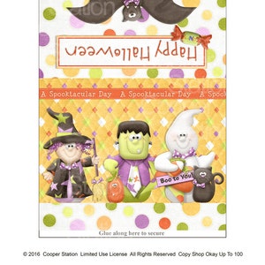 Puede incluir: Una etiqueta de favor de fiesta de Halloween imprimible con un murciélago, una bruja, un fantasma y un monstruo. La etiqueta tiene un fondo de lunares amarillo, naranja y verde con el texto "A Spooktacular Day" y "Happy Halloween".