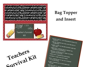 Digital Printable Teacher's Survival Kit Bag Topper and Insert