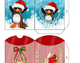 Digital Printable Christmas Mini Pillow Box - Penguin and Gingerbread Design