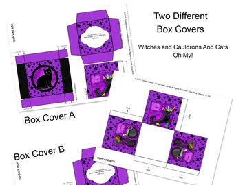 Digital Printable Halloween Cupcake Box - Party Favor -Cupcake Holder - Witch Cupcake Box - Cat Cupcake Box - Cauldron