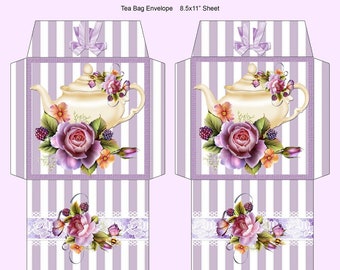 Digital Tea Bag Envelope - Tea Bag Wrapper - Teapot and Roses