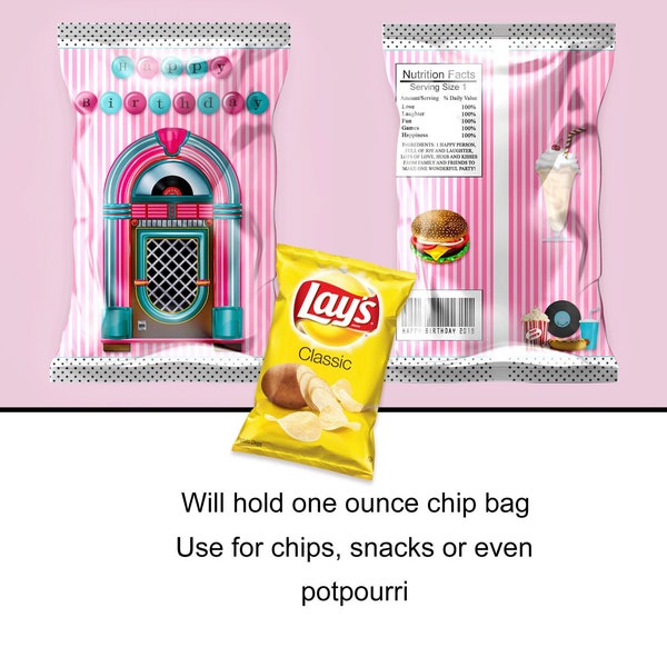 Printable Digital Retro Chip Bag - Treat Bag - Chip Bag - 50s- Happy Birthday Chip Bag - Pink Stripe- Jukebox Treat Bag