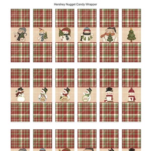 May include: A sheet of printable labels featuring a Christmas theme with a snowman design. The labels are designed to be used for Hershey's Nugget candy wrappers. The labels are red and green plaid with a tan background.
