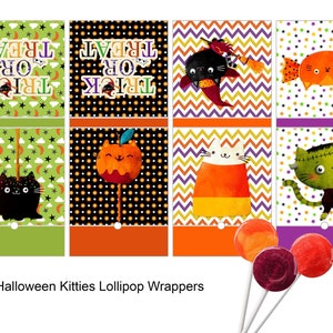 Puede incluir: Seis envoltorios de piruletas de Halloween imprimibles con lindos gatos disfrazados. Los envoltorios presentan una variedad de temas de Halloween, que incluyen truco o trato, maíz dulce y un monstruo. Los envoltorios están diseñados para imprimirse en papel de 8,5 x 11 pulgadas y recortarse.