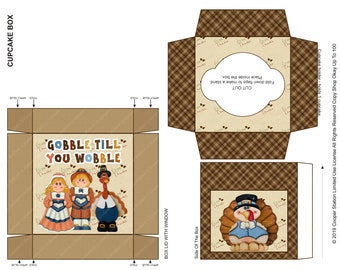 Digital Printable Thanksgiving Cupcake Box - Turkey Design- Party Favor - Gift Box - treat Box - Gobble Till You Wobble