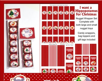 Hippopotamus For Christmas Hershey Nugget Candy Bar Wrappers With Tray- Toppers And Tags Set