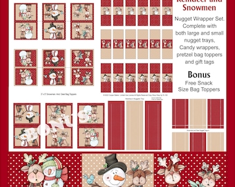 Snowmen and Reindeer Nugget Candy Bar Wrapper Set with Tray, Toppers and Tags