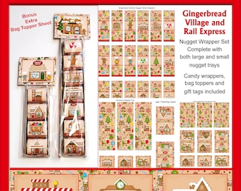 Gingerbread Village Holiday Nugget Chocolate Candy Bar Wrappers With Tray- Toppers And Tags Set - Christmas Nugget Wrappers