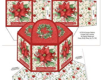 Digital Printable Holiday Gift Box - Hexagon Shape Gift Box -Poinsettia Gift Box - Holiday Gift Box