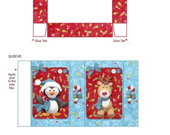 Digital Printable Christmas Treat Box With Reindeer And Penguin Design - Matchbox - Slider Treat Box With Sleeve