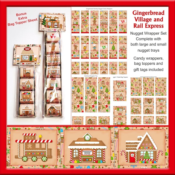 Gingerbread Village Holiday Hershey Nugget Candy Bar Wrappers With Tray- Toppers And Tags Set - Christmas Hershey Nugget Wrappers