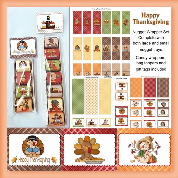 Digital Thanksgiving Nugget Wrapper With Tray And Topper Set - Small and Large Tray - Chocolate Candy Wrapper