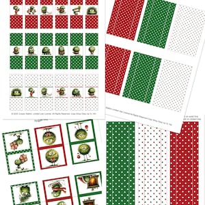 May include: A collection of printed sheets featuring Christmas-themed designs. The sheets include various illustrations of green monsters with festive accessories, along with red and green polka dot patterns. Text includes "Nugget Small Trays" and copyright information.