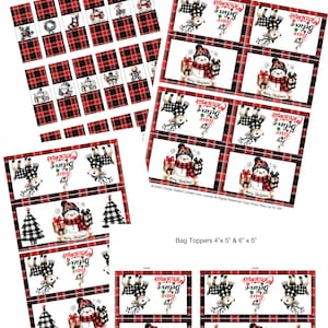 May include: Christmas-themed paper products featuring a red and black plaid pattern. Designs include a snowman, reindeer, Christmas trees, and the phrases "Believe," "Peace," and "Joy." The products are labeled as bag toppers and candy wrappers.