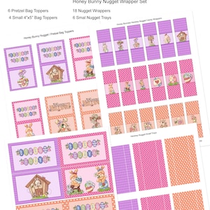 May include: Printable set of 18 bunny-themed wrappers and 6 small trays for Easter treats. The wrappers feature a pink and purple polka dot pattern with bunnies, eggs, and flowers. The trays are pink and orange with a polka dot pattern.