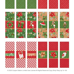 May include: A set of 18 printable Christmas-themed candy bar wrappers featuring a variety of designs, including nutcrackers, candy canes, poinsettias, and Christmas trees. The wrappers are in red, green, and brown colors.