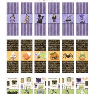 May include: A set of printable Halloween candy bar wrappers featuring a variety of spooky and cute characters, including ghosts, pumpkins, bats, witches, and monsters. The wrappers are designed in a purple and green color scheme with a striped background and text that says "Happy Halloween" and "Candy Happy Halloween".