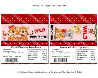 Printable Digital Valentine Hershey Candy Bar Wrappers- Tigers - Giraffe - Monkey