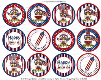 Digital Printable 4th of July  Cupcake Toppers-Treat Bag Stickers-Independence Day