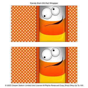May include: Printable candy bar wrapper featuring a cartoon candy corn with googly eyes and a mischievous grin. The wrapper has an orange background with white polka dots.