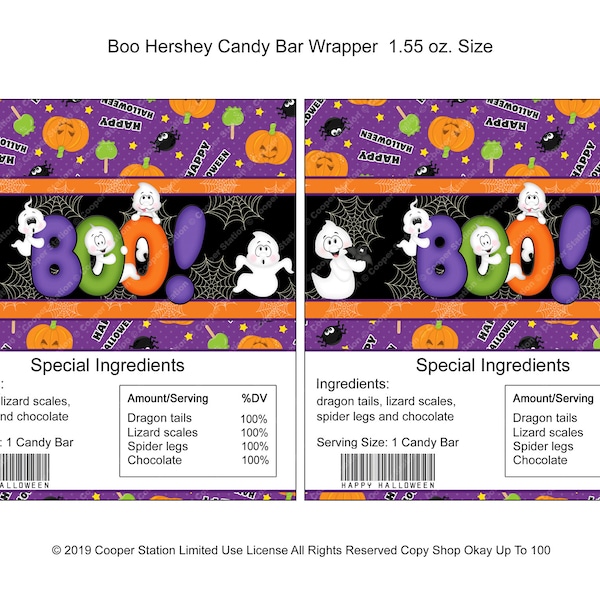 Emballage de barre chocolatée Hershey d’Halloween imprimable numérique -Boo- Fantômes- Party Favor- Hershey Candy Bar - Candy Wrapper