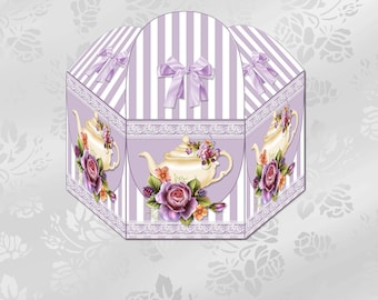 Printable Teapot and Roses Hexagon Gift Box