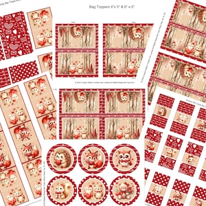 May include: Printable Valentine's Day themed bag toppers, candy bar wrappers, and circle stickers featuring woodland animals like owls, foxes, and hedgehogs. The designs are on a red and beige background with hearts and other Valentine's Day motifs.