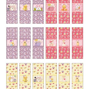 May include: Printable Hershey's Nugget candy wrapper designs featuring Easter-themed illustrations of bunnies, chicks, and eggs. The wrappers are available in three color schemes: purple, pink, and yellow.