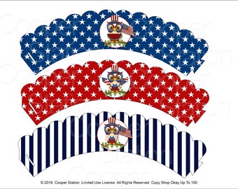 Digital Printable  4th of July - Independence Day Owl Cupcake Wrappers-Patriotic Owls- Party