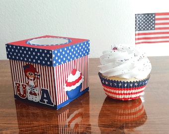 Fourth of July Cupcake Box - Independence Day - Whimsical - Raggedy Ann and Andy - red white and blue- instant download