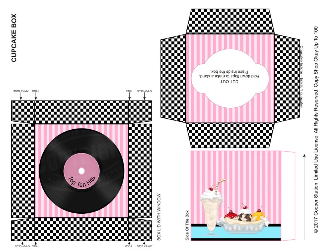 Digital Printable Cupcake Box Retro 50's Theme Party - Etsy