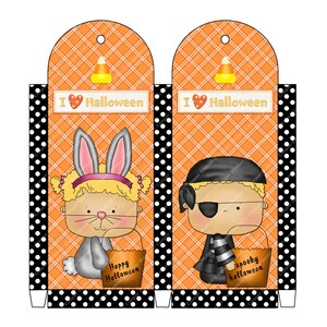 May include: Printable Halloween chocolate bar folder template. The template features two designs, one with a girl dressed as a bunny holding a bucket that says "Happy Halloween" and the other with a boy dressed as a pirate holding a bucket that says "Spooky Halloween". Both designs have an orange and white checkered background with black polka dots.