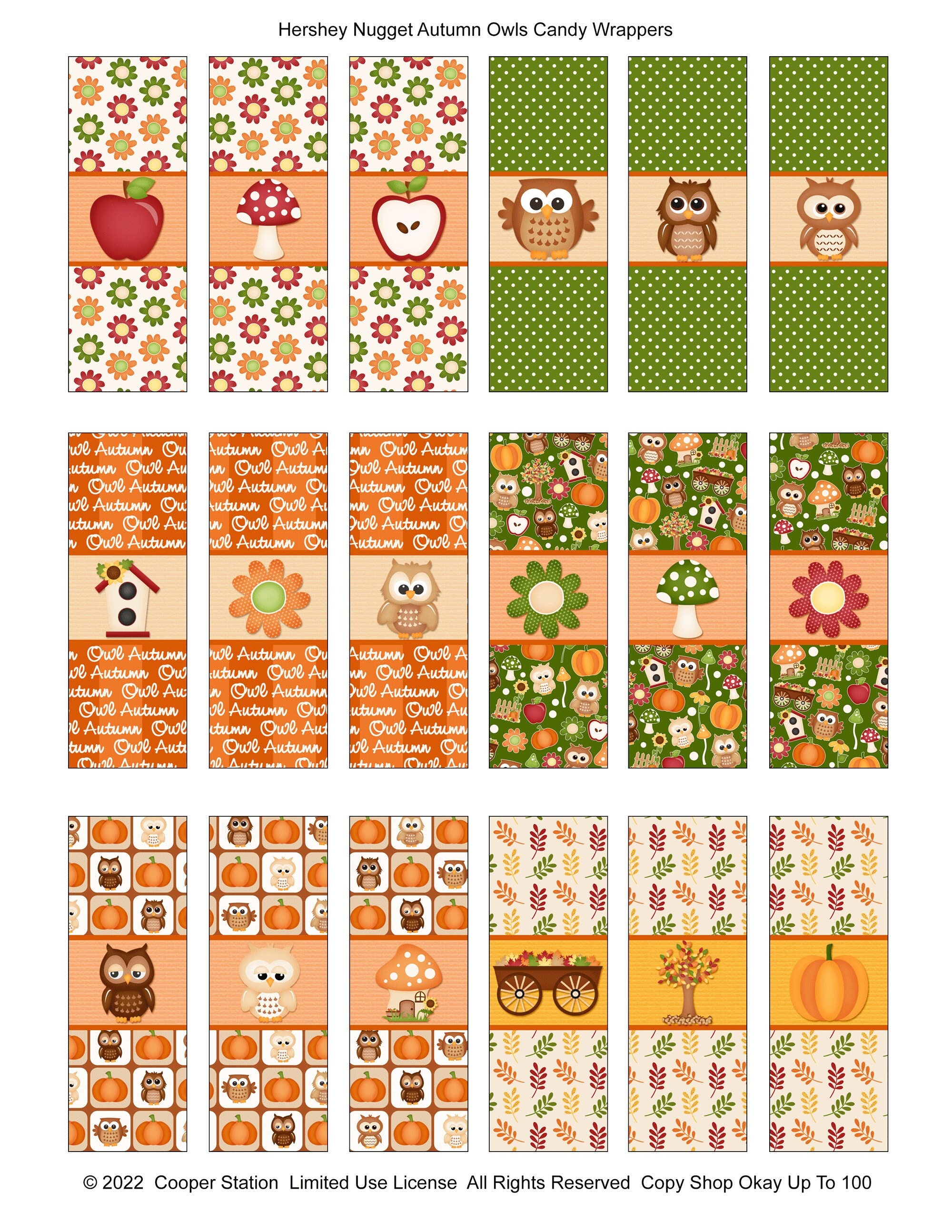 Digital Printable Fall Owls Chocolate Nugget Candy Wrappers - Candy Wrappers- Thanksgiving Candy Wra