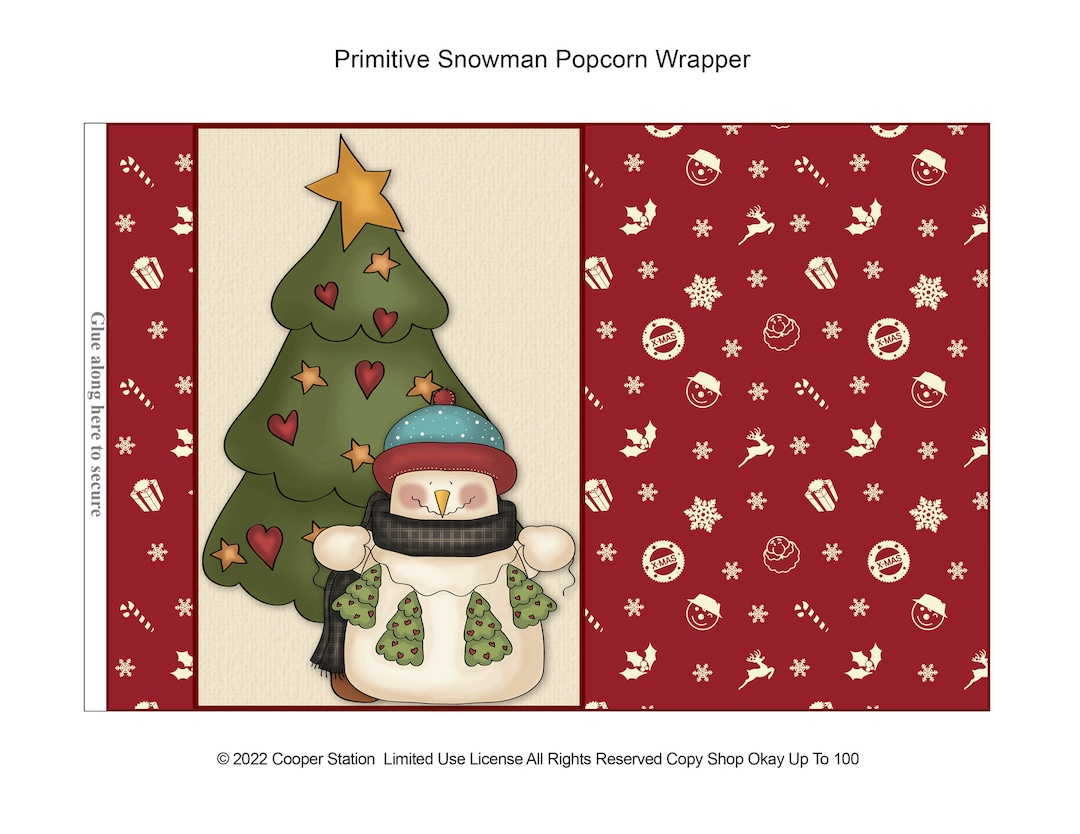 digital printable primitive style snowman popcorn wrapper - santa