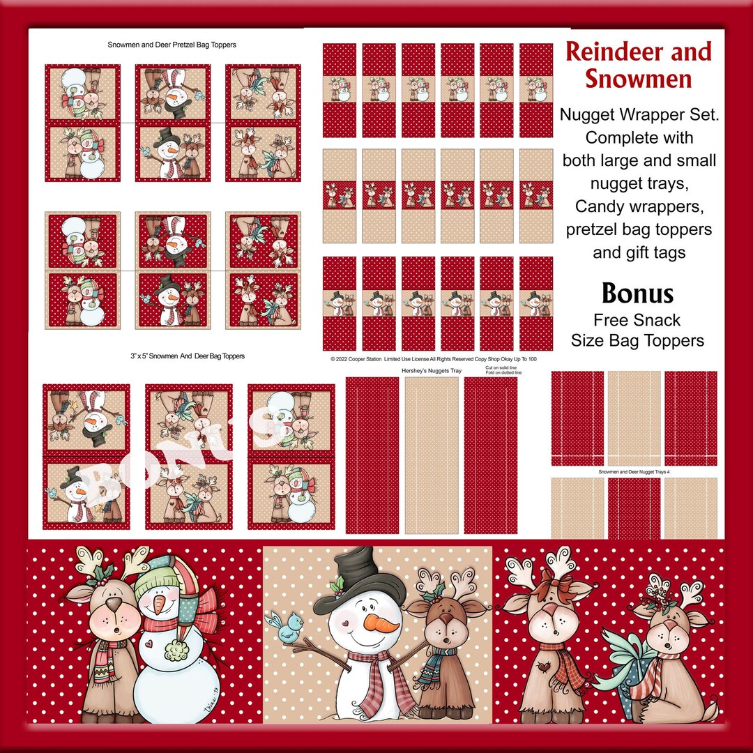 Snowmen and Reindeer Nugget Candy Bar Wrapper Set With Tray, Toppers ...