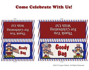 4th Of July Patriotic Owl Digital Party Bag Toppers - July 4th - Treat Bag Toppers - Celebration- Printable - Instant Download