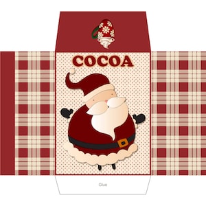 Op de afbeelding: Printbare kerstcadeaudoos sjabloon met een rood-wit geruit patroon, een kerstmanillustratie en het woord "COCOA".