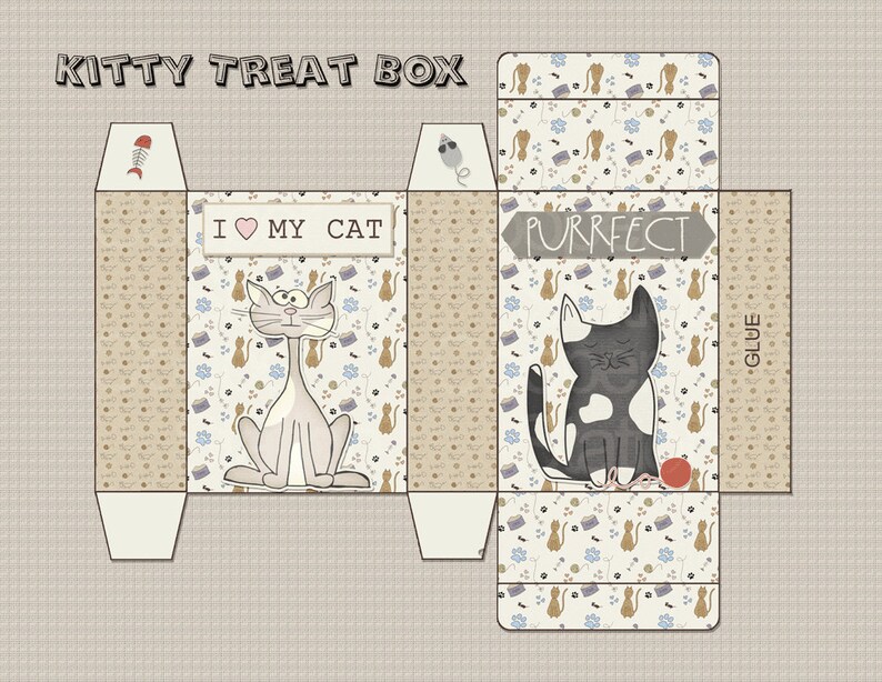 Digital Printable Kitty Treat Box - Printable Treat Box - Cat Gift Box