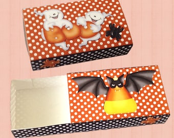 Digital Printable Halloween Treat Box With Ghost and Bat Design-Matchbox -candy corn