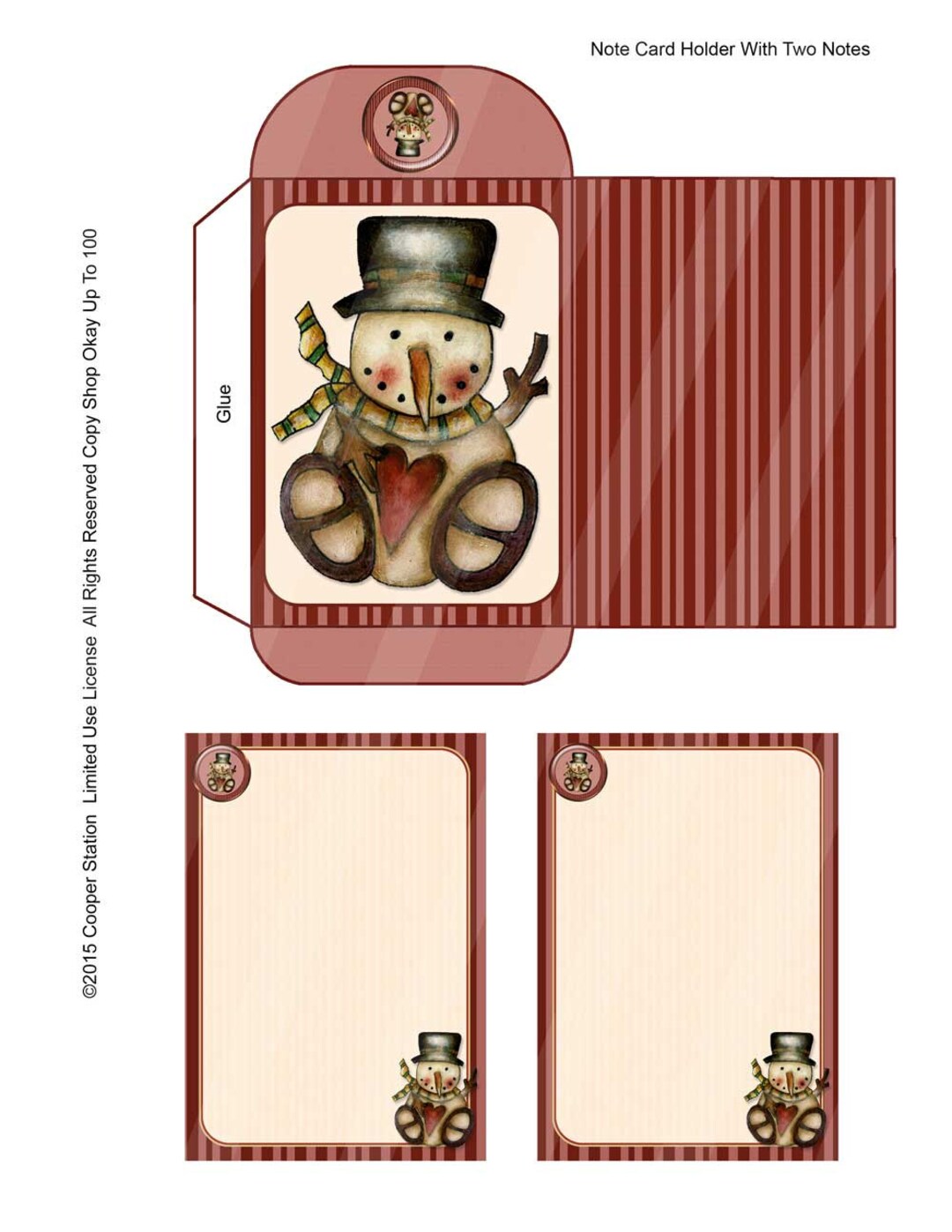 Printable Digital Note Cards or Gift Tags With Holder Primitive Snowman ...