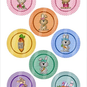 May include: Eight round printable stickers featuring cartoon bunnies with carrots and Easter eggs. The stickers have a polka dot background in various colours, including pink, orange, yellow, blue, green, and purple.