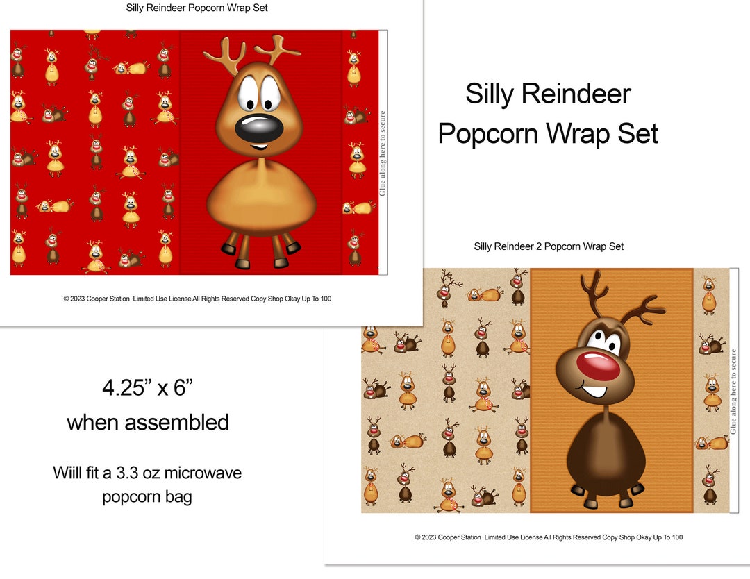 Digital Printable Christmas Popcorn Wrapper Set Silly Reindeer Instant ...