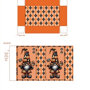 May include: Printable Halloween gnome matchbox treat box template. The box is orange with a black and white plaid pattern. The template includes a sleeve with a gnome illustration and the text "It's Time To Get Scary".
