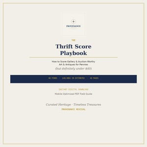 May include: A digital guide titled "The Thrift Score Playbook" with the Provenance logo at the top. The guide promises to teach how to find gallery and auction-worthy art and antiques for under $40. It highlights 68 finds, $38,000+ in estimates, and 48 pages.